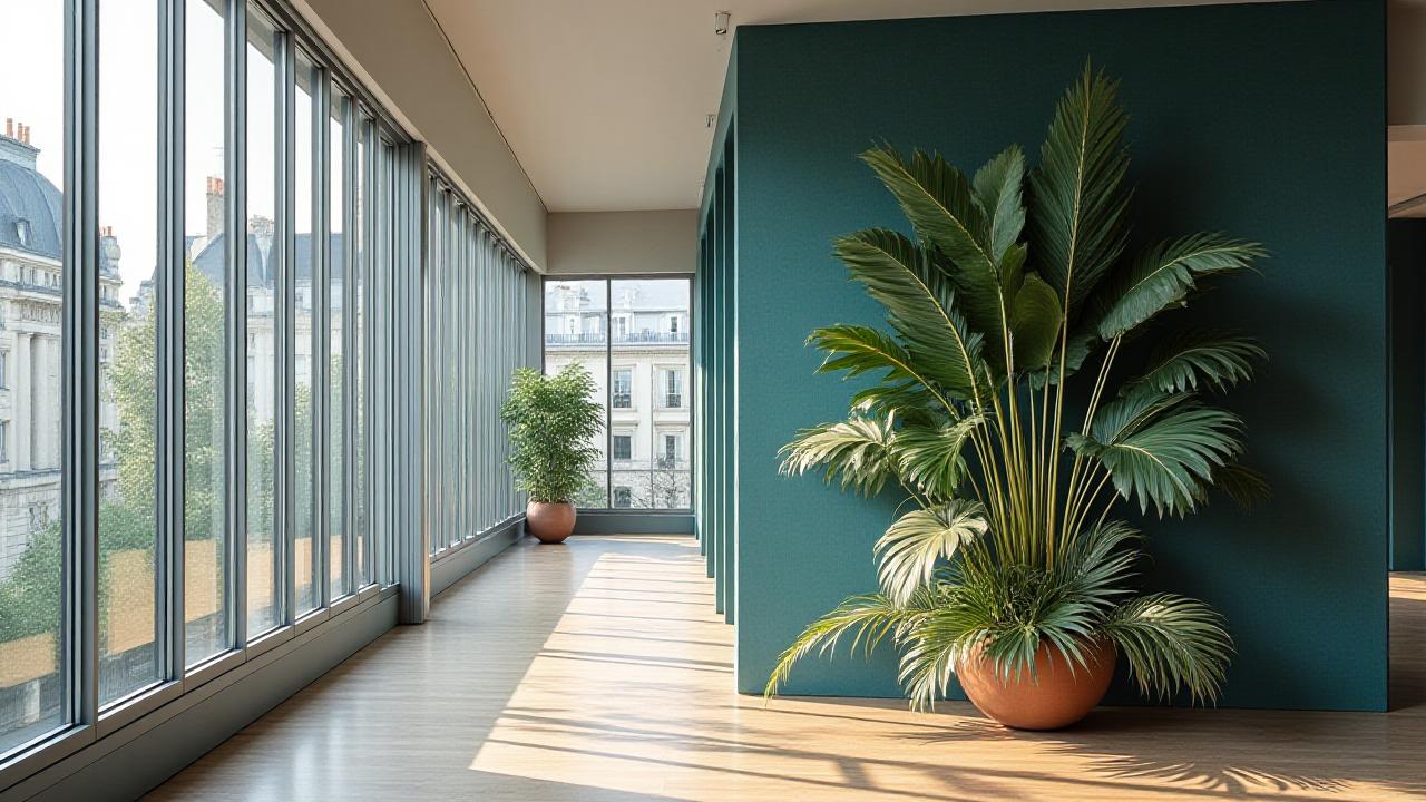 Un bureau de luxe à Paris avec une installation florale architecturale et des murs végétaux