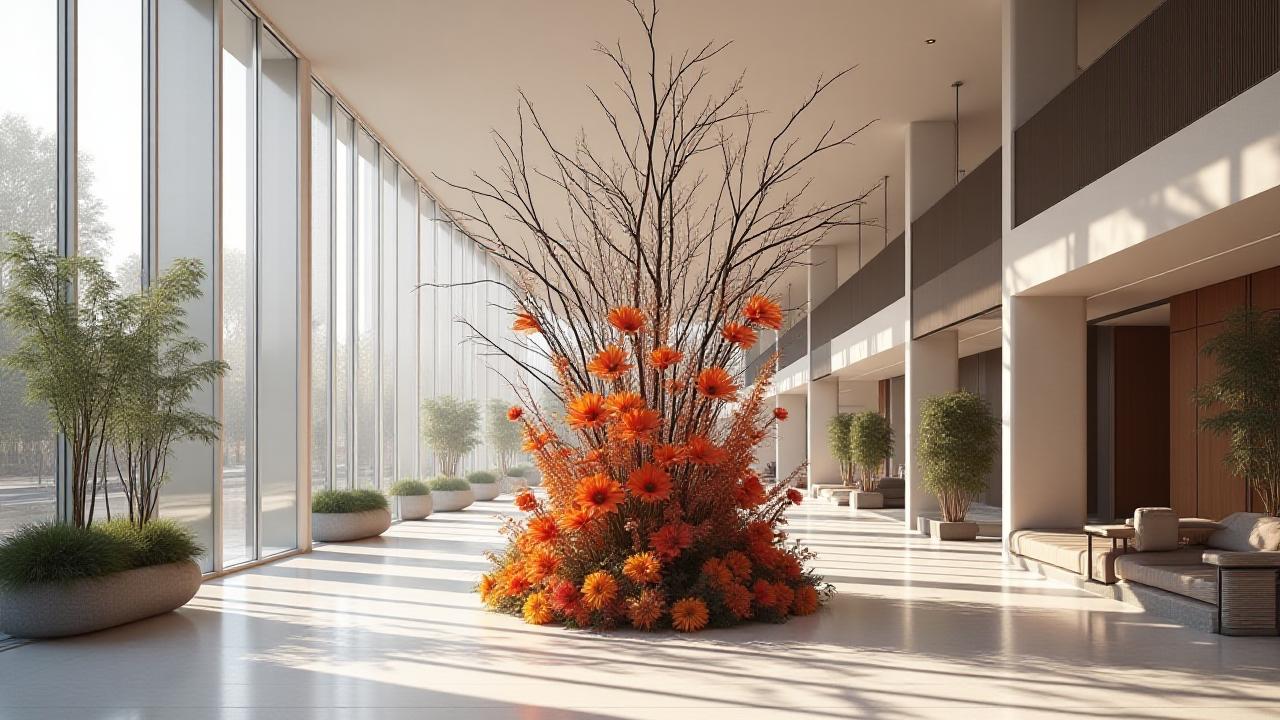 Lobby d'hôtel de luxe avec installation florale sculpturale Bauhaus